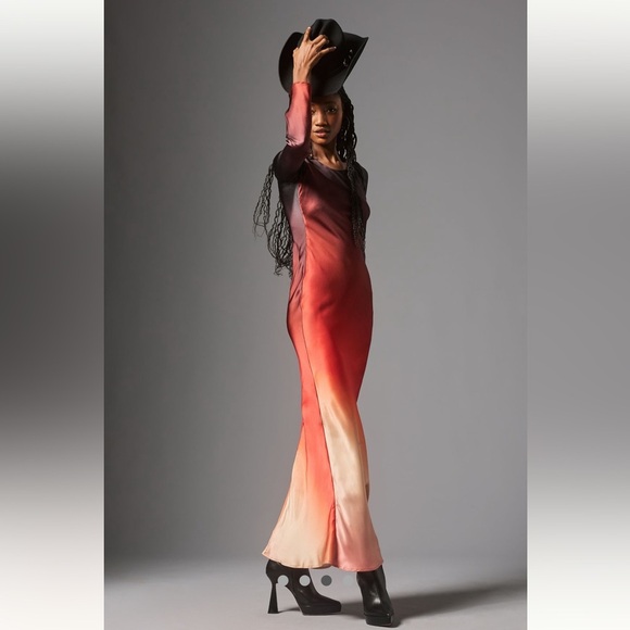 100% silk Anthropologie NWT Delfi Collective Long-Sleeve Ombre Slip Dress size S - Picture 2 of 6